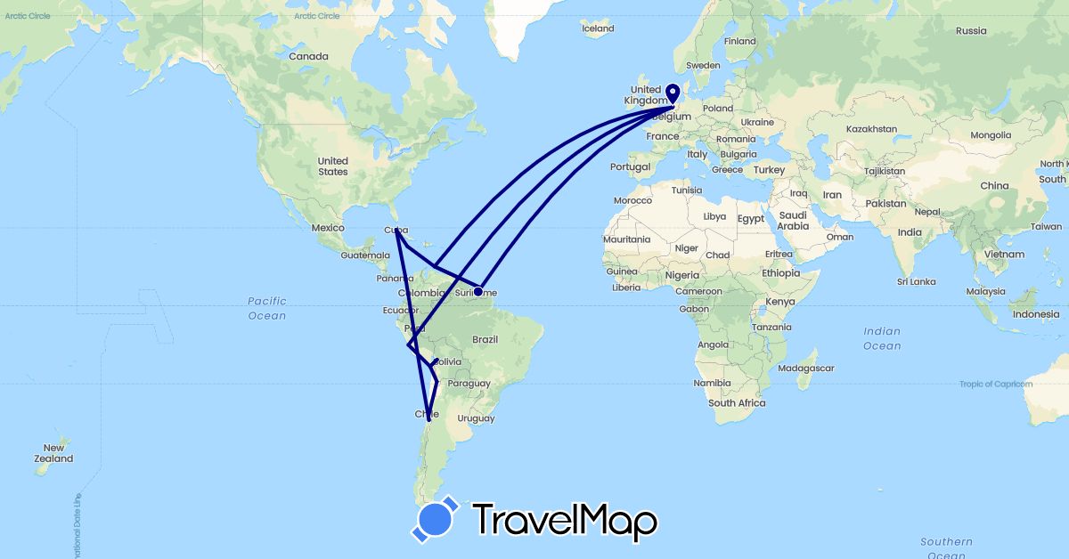 TravelMap itinerary: driving in Bolivia, Chile, Cuba, Jamaica, Netherlands, Panama, Peru, Suriname (Europe, North America, South America)